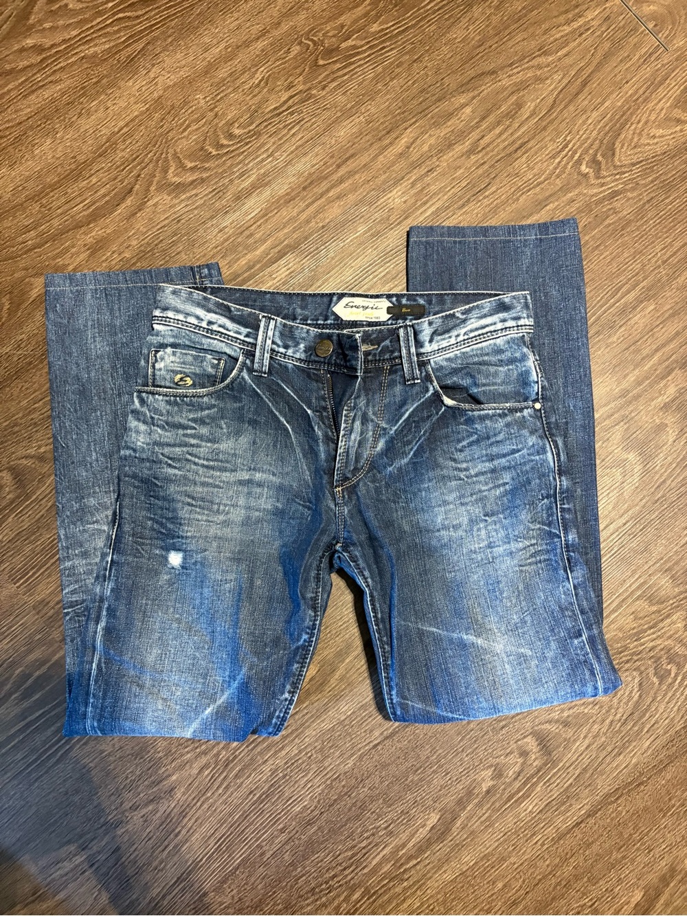 Men's Straight Jeans in Washed Blue with Subtle Distressing
